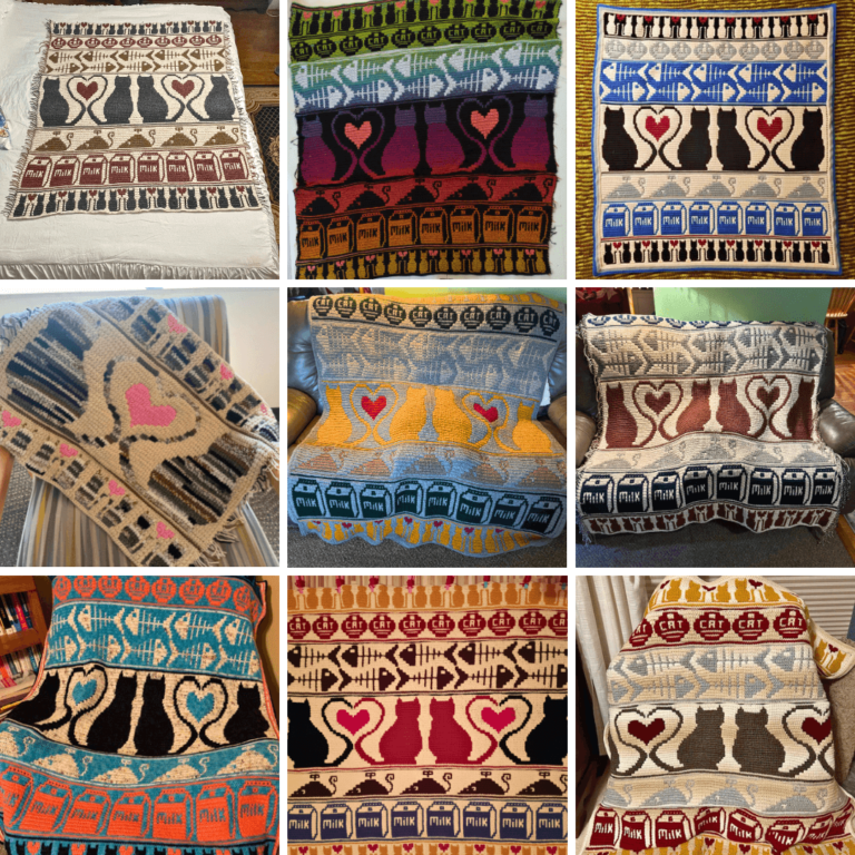 Nine cat themed crochet blankets