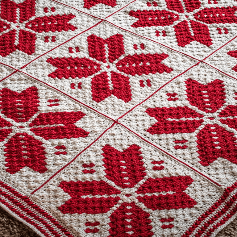 Red cream crochet blanket