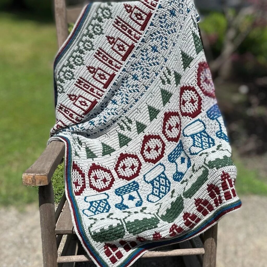 Crochet Christmas blanket outdoors