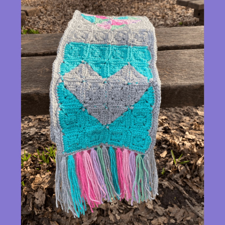 Teal grey crochet heart scarf