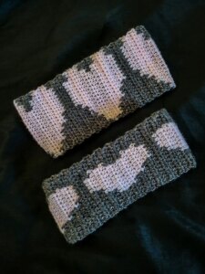 Crocheted pink gray wrist warmers