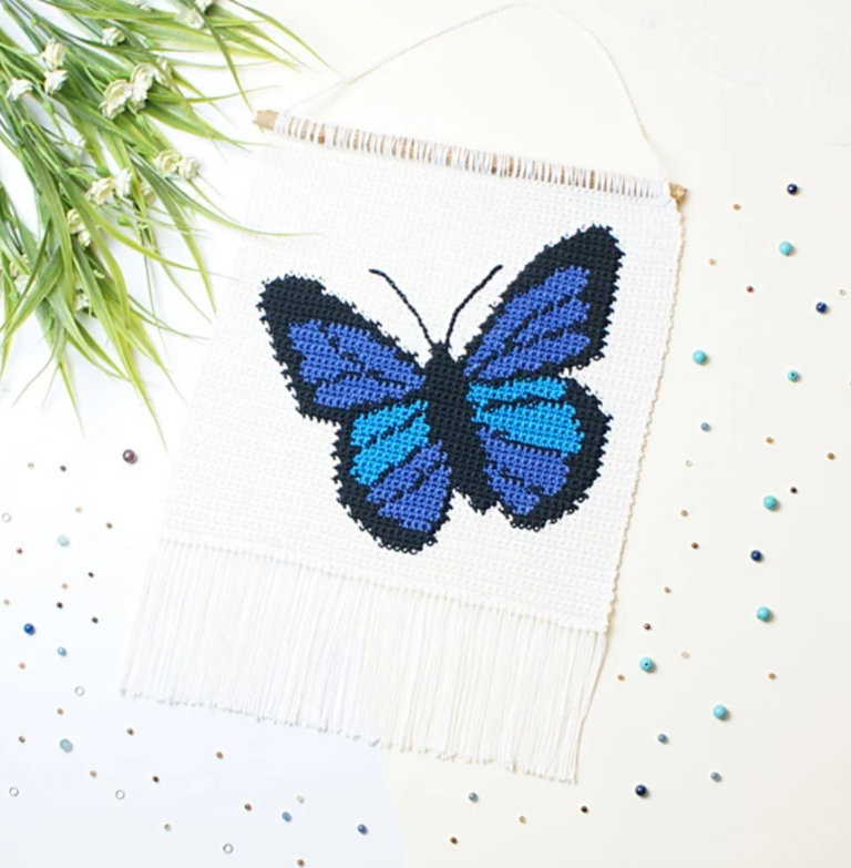 Blue butterfly crochet wall hanging