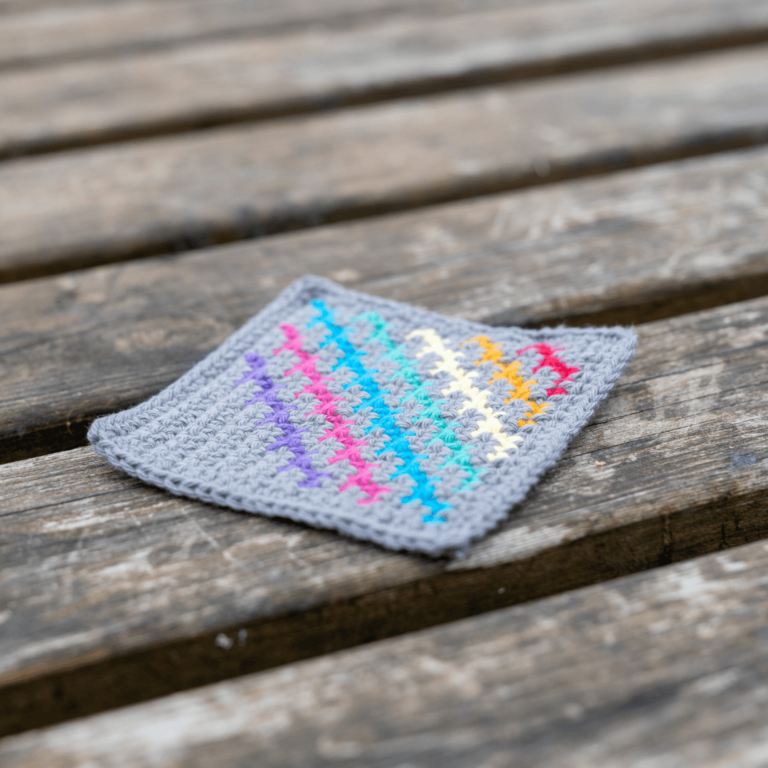 Colorful crocheted coaster on wood