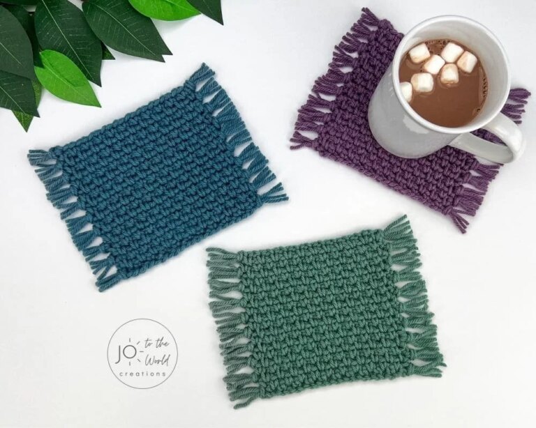 Colorful fringed crochet coasters