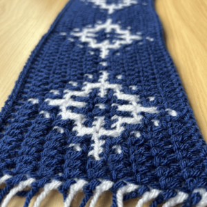 Blue white crochet snowflake fringe