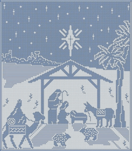 Blue pixel art Nativity scene