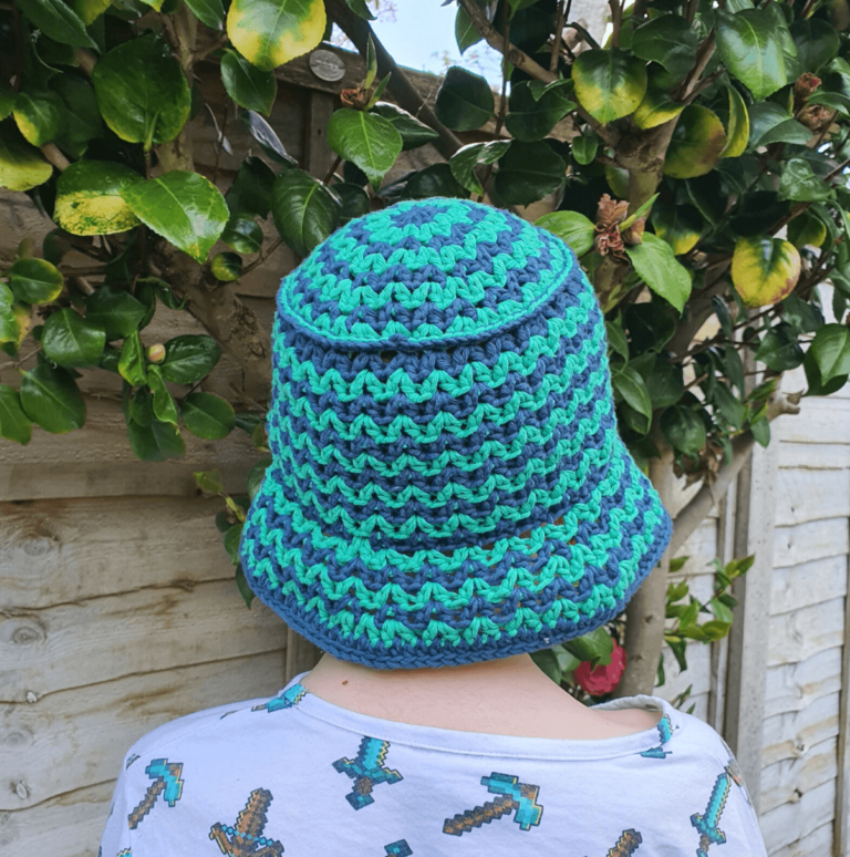 Crocheted blue green bucket hat