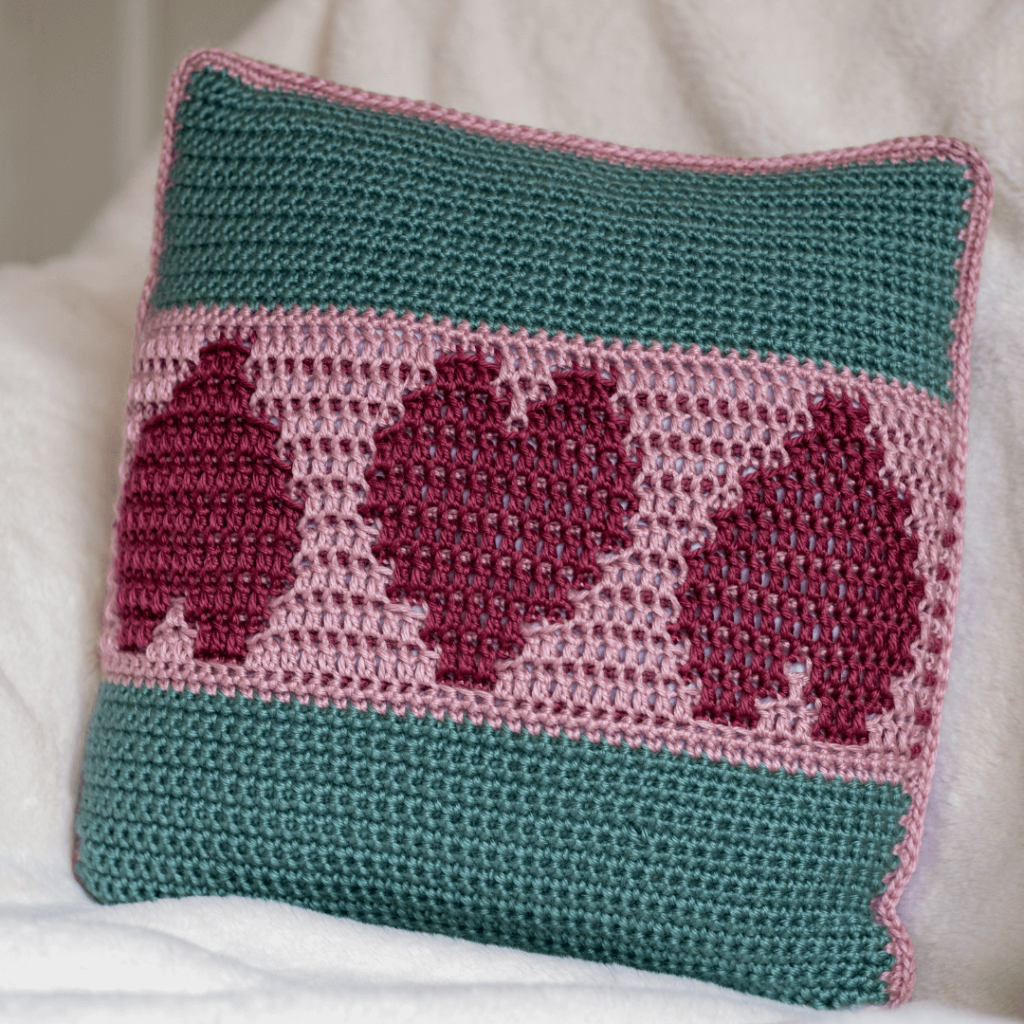 Teal pink crocheted tree pillow