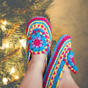 Colorful crocheted Christmas slippers