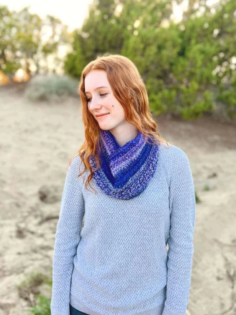 Redhead woman blue cowl