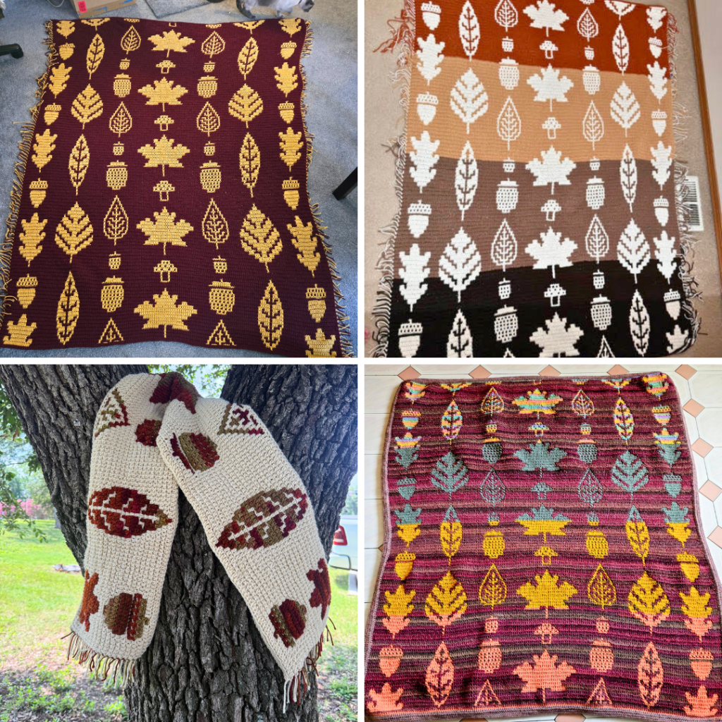 Autumn-themed knitted crafts collage