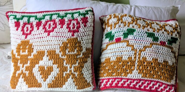 Two festive crochet pillows