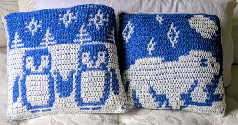Crocheted winter scene pillows