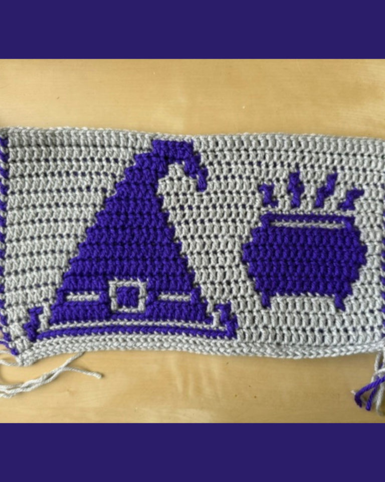 Crochet witch hat and cauldron