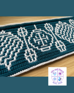 Teal white mosaic crochet fabric